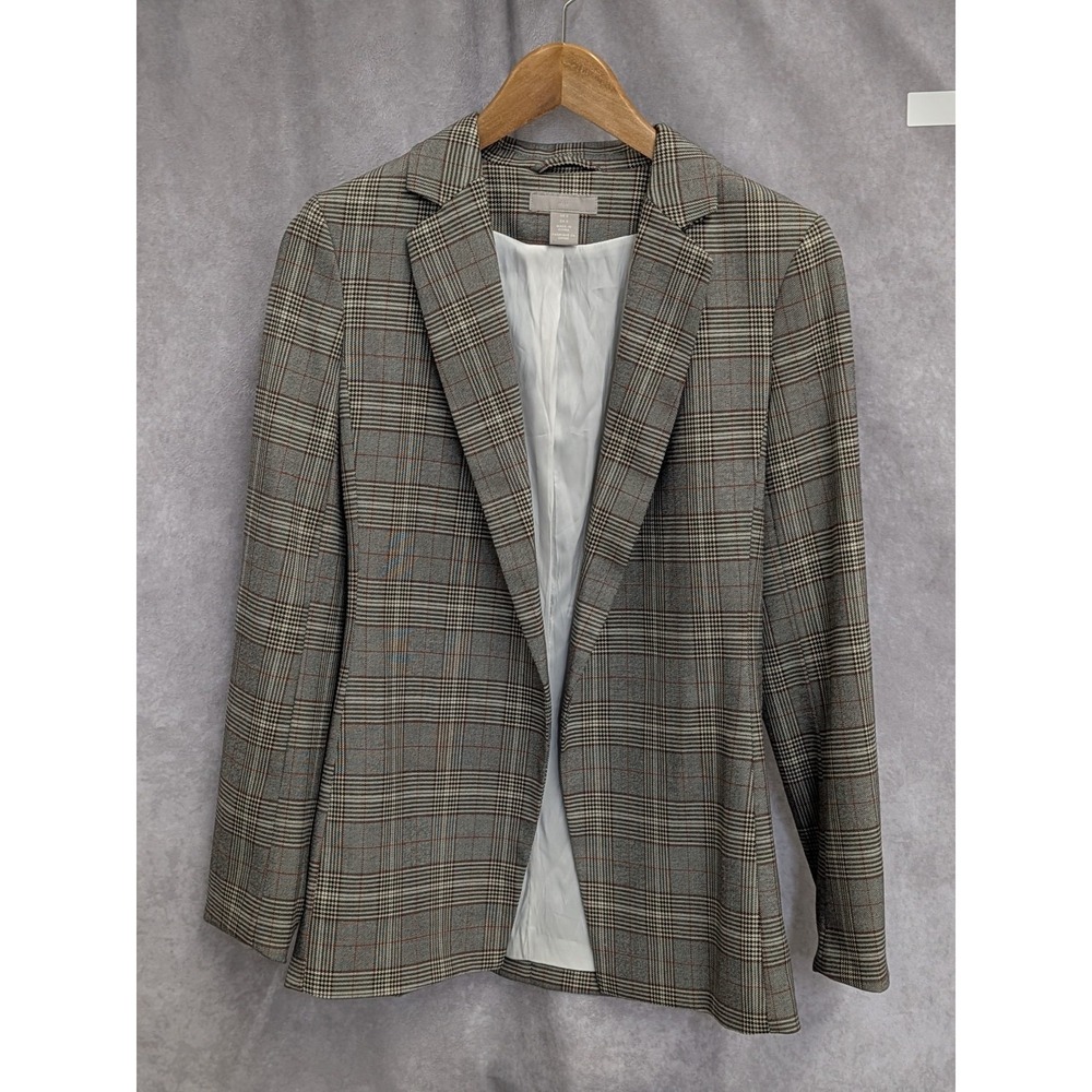 HM Women Light Gray Plaid W/Black‎ Long Sleeve Suit Blazer Size 2